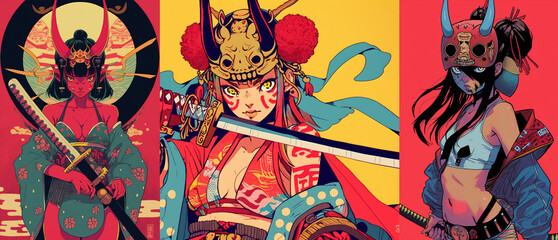 Portraits of a samurai devil girl. Retro anime style illustration on a colorful background. beautiful and strong characters. - obrazy, fototapety, plakaty