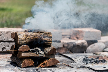 smoke, logs on fire, typical argentinean food, grilled meat, grilled meat
