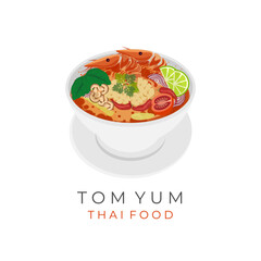 Thai Food Tom Yum Soup Vector Illustration Logo With Seafood Stuffing And Fresh Spicy Gravy In A White Bowl