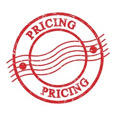 PRICING, text written on red postal stamp.