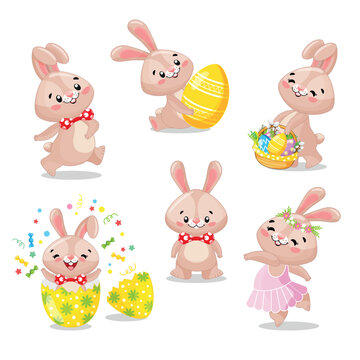 Set with cute rabbits in cartoon style. Easter set for children's books