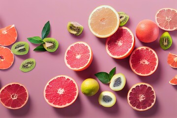 Fototapeta na wymiar Sliced grapefruit, kiwi, and citrus fruits on a pink table in top view flat lay with a simple fruit backdrop. Generative AI