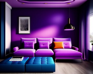 illustration of a living room, purple furniture, minimalistic. generative AI.