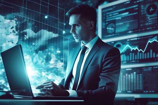 Handsome Businessman In Suit At Workplace Working With Laptop To Optimize Trading Strategy At Corporate Finance Fund. Forex Chart Hologram Over Office Background, Ai Futuristic Style