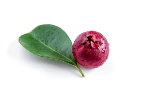Red Cattley guava fruit on white background close up (Psidium cattleyanum)