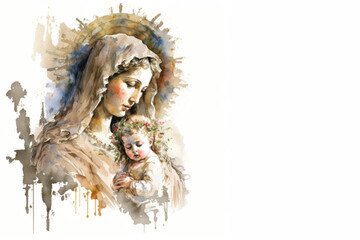 White religious card of the nativity, Holy Mary with baby Jesus, Generative Ai