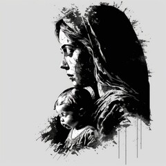 Ink art design of Mary and Jesus, Generative Ai