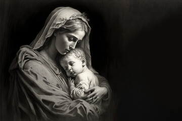 Mary and baby jesus, low key drawn, religious card, Generative Ai