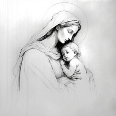 Minimalist drawn of the nativity, Mother of god, Jesus christ, Holy Mary, Generative Ai