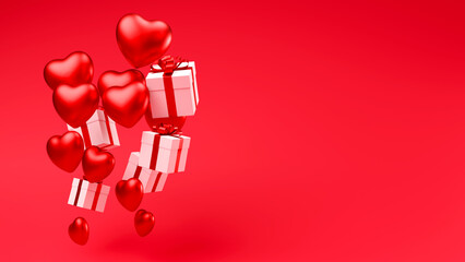 Hearts and gift boxes on red background. Valentine day backdrop. 3d render illustration