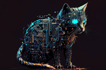 Create a futuristic cyberpunk-style cat with pixel art-style mechanical body parts