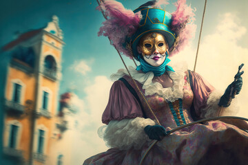 Fototapeta na wymiar Woman disguised with carnival mask, wig and hat in the city of Venice. AI generated.