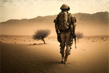 soldier walking through desert, generative ai