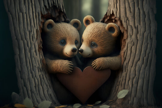 cute bears peaking out of a tree, holding a valentines heart carved out of wood, illustration made with generative ai
