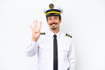 Airplane caucasian pilot isolated on white background happy and counting four with fingers