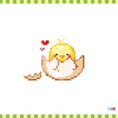 Pixel art little chick icon. Vector 8 bit style illustration of baby chicken in the broken shell. Cute decorative element of retro video game computer graphic for game asset, sprite, sticker or web.