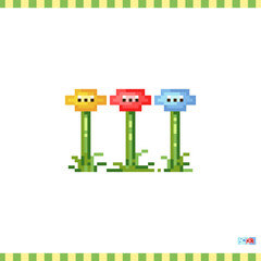 Pixel art flowers icon. Vector 8 bit style illustration of  yellow, red and blue flowers. Cute decorative element of retro video game computer graphic for game asset, sprite, sticker or web.