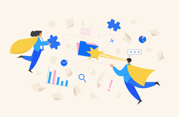 Working with data web template, cartoon style Screen web template for mobile phone, landing page, template, UI, web, mobile app, poster, banner, flat Vector illustration