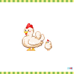 Pixel art hen and chick icon. Vector 8 bit style illustration of baby chick and mother hen. Cute decorative farm element of retro video game computer graphic for game asset, sprite, sticker or web.