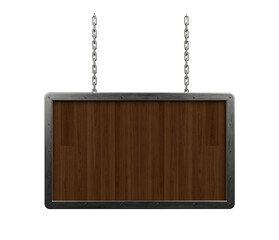 Wooden rectangular sign with metal border and chains