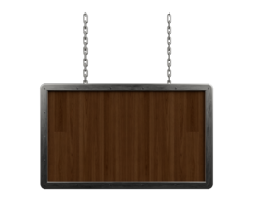 Wooden rectangular sign with metal border and chains