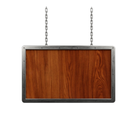 Wooden rectangular sign with metal border and chains