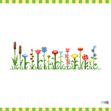 Pixel art line of flowers icon. Vector 8 bit style illustration of line of wildflowers. Cute decorative forest element of retro video game computer graphic for game asset, sprite, sticker or web.