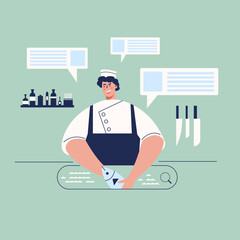 Cook working on kitchen web template, cartoon style Screen web template for mobile phone, landing page, template, UI, web, mobile app, poster, banner, flat Vector illustration