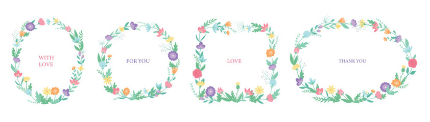 Set of four floral wreaths decorated with vintage flowers. Good for posters, prints, cards, invitations, templates, banners, stickers. Mother's day spring, womens day, easter theme. EPS 10