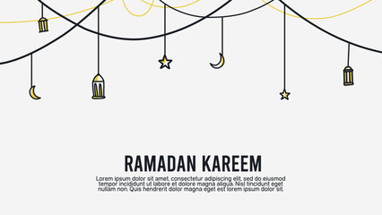 ramadan kareem white template background with hanging islamic lantern, crescent moon, and stars
