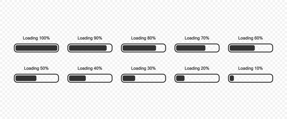 Loading bar progress icons set. The loading process is from 10 to 100 percent symbols isolated. Vector EPS 10