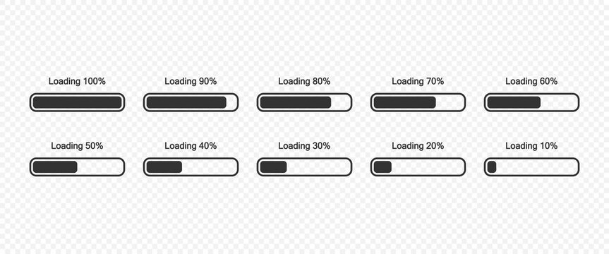 Loading bar progress icons set. The loading process is from 10 to 100 percent symbols isolated. Vector EPS 10