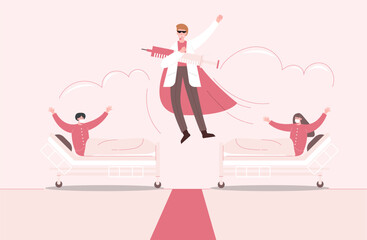 Doctor giving vaccine to patient web template, cartoon style Screen web template for mobile phone, landing page, template, UI, web, mobile app, poster, banner, flat Vector illustration