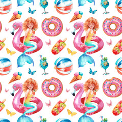 Watercolor pattern. Children's summer pool party with a mermaid
