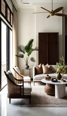 A modern house, Interior Design, View of Whole Room in a natural elements like marble, rattan, wicker, and cane, generative ai with warm white color as the wall blend in with the design