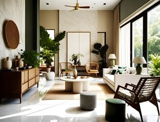 A modern house, Interior Design, View of Whole Room in a natural elements like marble, rattan, wicker, and cane, generative ai with warm white color as the wall blend in with the design