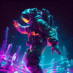Obraz na płótnie Canvas 3D illustration of astronaut dancing in futuristic neon lit cyberpunk city. Neon pink blue violet night astronaut. Generative ai. Illustration art.