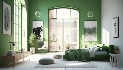 温かみのある落ち着いた緑の家具を備えたモダンなリビングルーム、ジェネレーティブAI、家具付きのモダンなミニマリスト建築のオフィスインテリア, generative ai