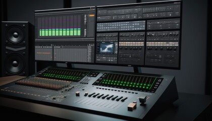 view of sound producing equipment at recording studio