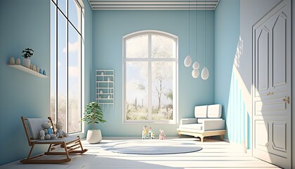 Fototapeta premium 青い家具を備えたモダンなリビング ルーム、ジェネレーティブ ai、家具付きのモダンなミニマリスト建築のオフィス インテリア, generative ai