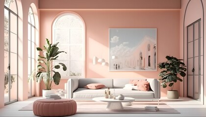 Modern living house with  peach pinks furniture, generative ai, modern minimalist architecture office interior with furniture
