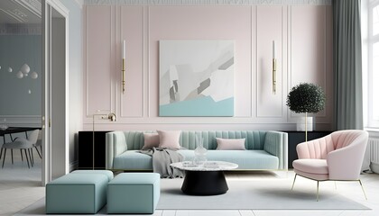 Modern living room with pastell colors furniture, generative ai, modern minimalist architecture office interior with furniture
