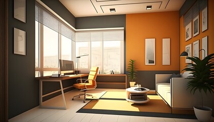 Modern living room with orange and green furniture, generative ai, modern minimalist architecture office interior with furniture
