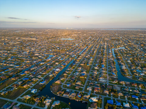 Aerial photo residential neighborhoods in Cape Coral Florida USA