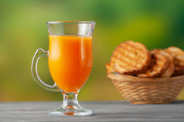 Fresh fruit juice with fresh homemade croutons