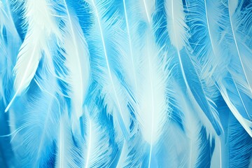 Fototapeta na wymiar Feathers in blue light. Background soft lighting for feather. Heaven wallpaper - generative ai