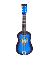 Deep blue toy six string ukulele size toy guitar isolated with cut out background.
