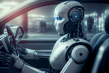 Humanoid robot driving autonomous car, future technology concept