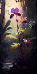 Art painting, generative Ai, tropical rainforest with orchids