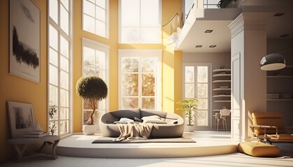 A modern living room, filled with warm yellow colour as the wall blend in with the design of the furniture. generative ai art, natural light filling
